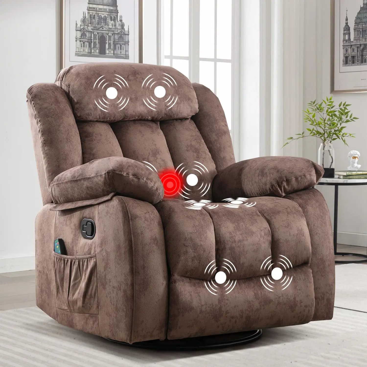【summergarden】Ebello Massage Rocker Recliner with Heat and Vibration, 360 Degree Swivel Manual Antiskid Fabric Single Sofa Heavy Duty Reclining Chair for Living Room