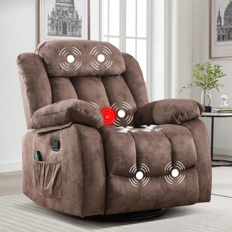 Ebello Massage Rocker Recliner with Heat and Vibration, 360 Degree Swivel Manual Antiskid Fabric Single Sofa Heavy Duty Reclining Chair for Living Room