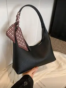 Minimalist Style Women's Underarm Shoulder Purse PU Tote Satchel with Scarf Included, Stylish and Functional Handbag for Everyday Use, Perfect Accessory
