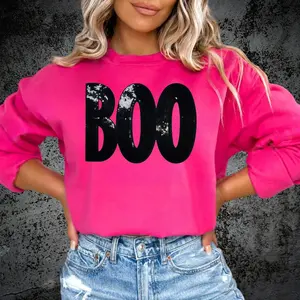 BOO Black Sequins Patch Halloween Sweatshirt Gildan Heavy Blend Cotton/Poly Womenswear Unisex Fit Casual Pullover