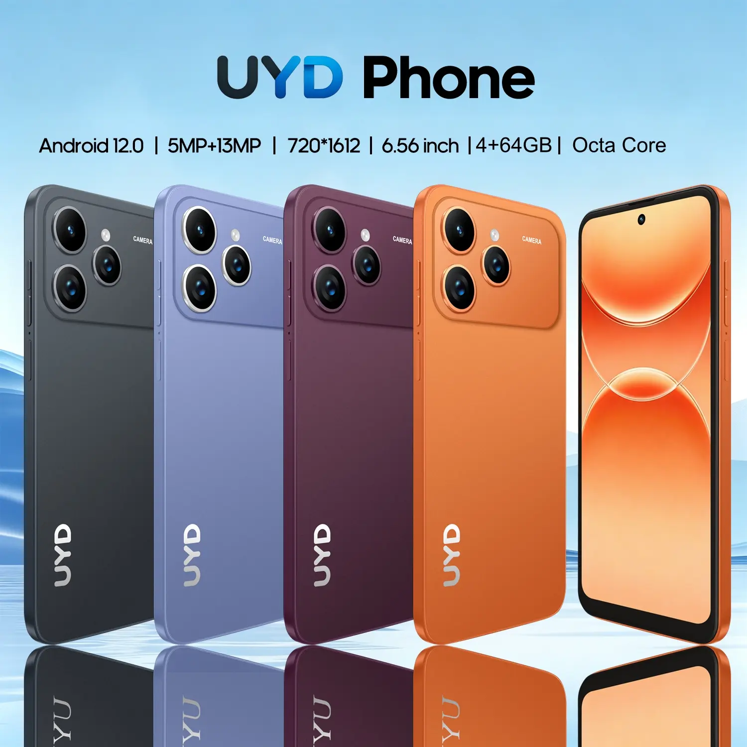 UYD A17 Pro smartphone, 6.56-inch display, 4GB RAM + 64GB ROM, octa-core processor, 4G network, dual SIM dual standby, 5MP + 13MP pixel cameras, 4000mAh battery, Android 12 system phone