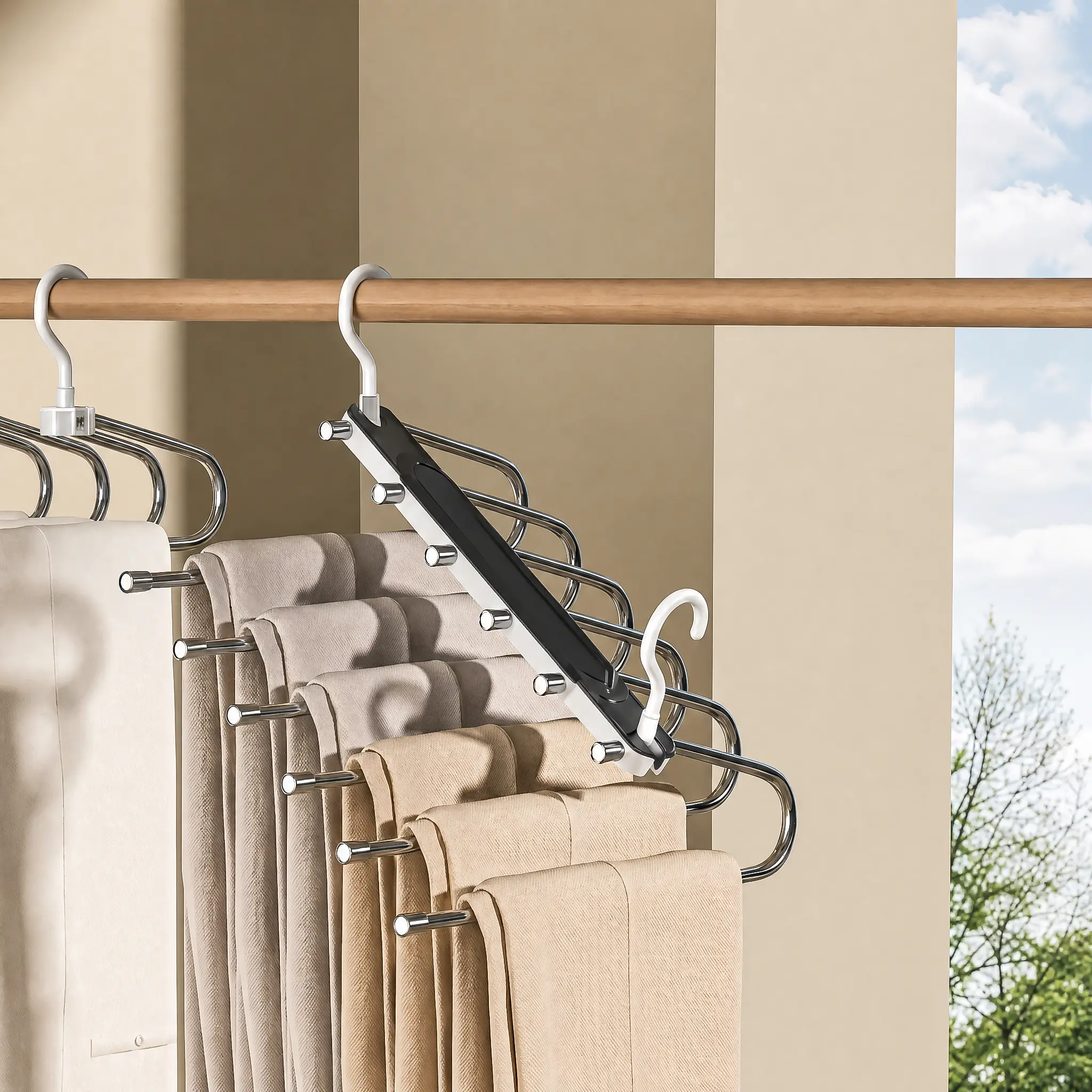 Stainless Steel Minimalist Metal Hanging Pants Organizer for Closet - 6-Layer Adjustable, 50mm Even Spacing Anti-Slip Trouser Hanger, Space-Efficient Rack for Suits, Denim, Scarf