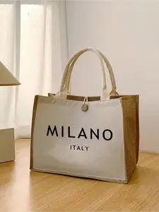 Ladies' Linen Bag with Milan Italy Letter Print, featuring elements such as God, Jesus, Christianity, religious activities, etc., can be used as a shopping bag, portable multi-functional cosmetic bag, lunch bag, student schoolbag,