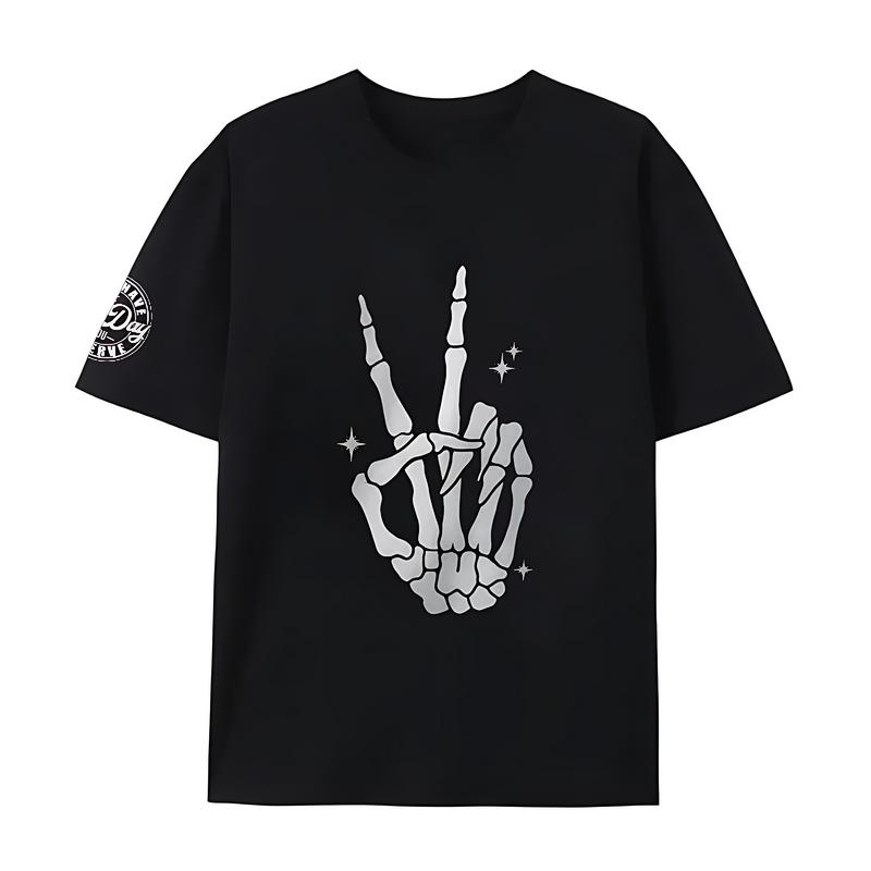 Men's Relaxed-Fit Cotton Short-Sleeve Breathable Black T-Shirt - Street Style, Minimalist Vintage Western Skeleton Peace Hand Sparkle Graphic, Gothic Halloween Casual Classic Top