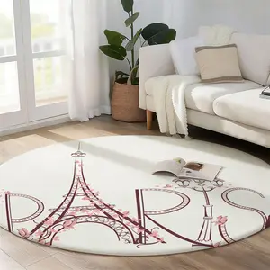 1pc Paris Eiffel Tower Pattern Round Rug for Entryway, LivingRoom, Dining Room, Bedroom, Balcony, Study, Machine Washable Round Large Area Rug, Soft Non-slip Floor Mat, Chic Rug for Home Decor