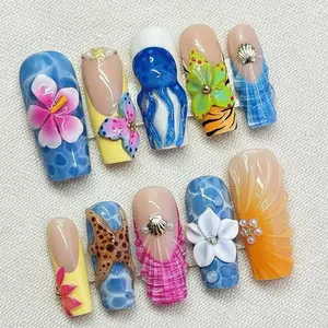 Ocean Beach Press On Nails 3D Shell Starfish Jellyfish Tropical Mermaid Blue Gel Nails