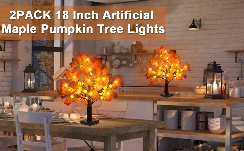 2-Pack 18-Inch Prelit Maple Trees Fall Decoration, 48 Pumpkin LEDs with Timer, Battery-Operated Bendable Twigs, Cozy Decor for Table Mantle Thanksgiving Indoor Outdoor