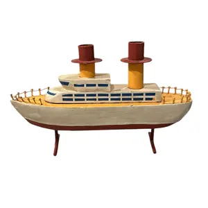 Yellow and White Wood and Metal Boat Decor with Candle Holders
