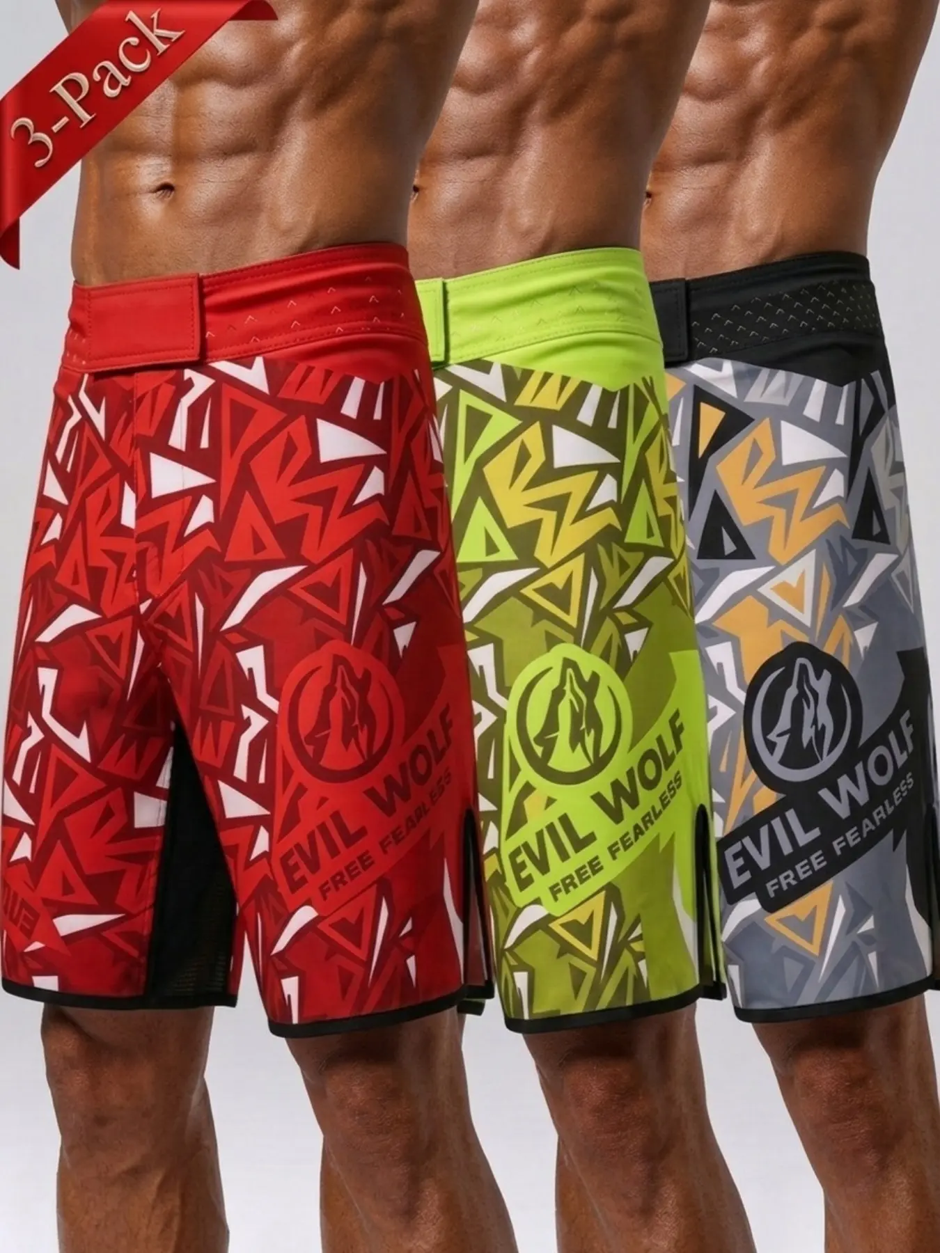 3-Pack Men's MMA Fight Shorts,Hook‑and‑Loop Waistband Adjustable Drawstring, Quick-Dry Grappling BJJ Kickboxing Training Shorts, Breathable EVIL WOLF Print Gym Trunks with Side Slits