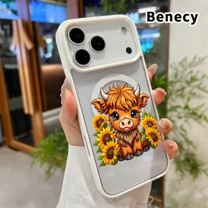 Magnetic Phone case for iPhone 17 16  Pro Max Plus 15 14 13 12 11 Air E Sunflower Cow Pattern Non-Yellowing Shockproof Soft Silicone Transparent Acrylic Cover Supports Wireless Charging