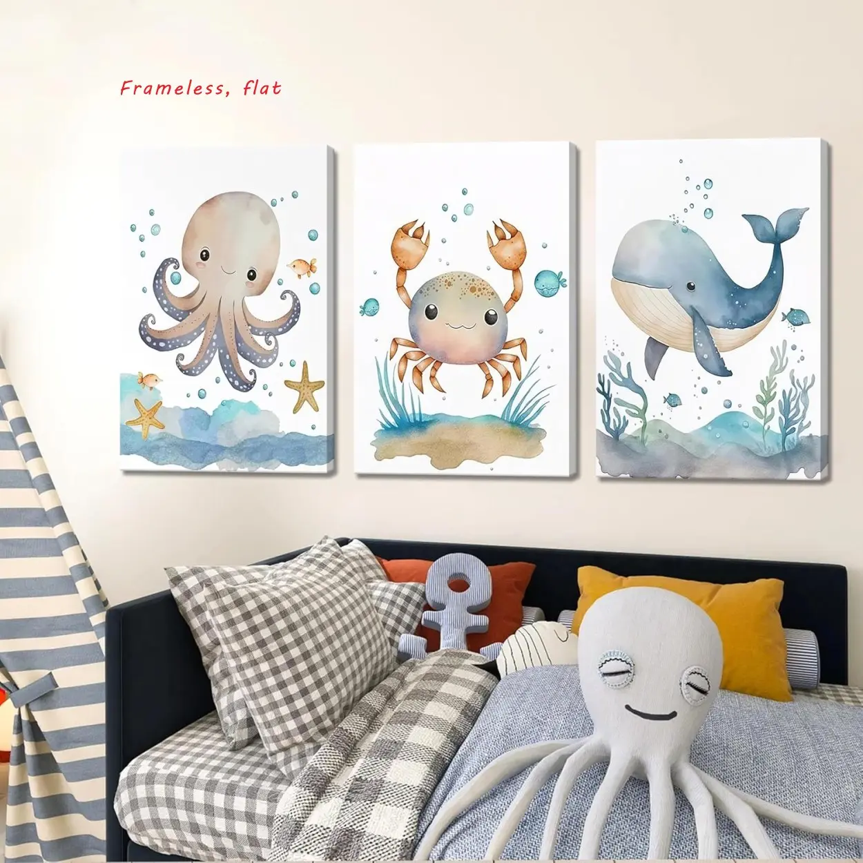 3-Piece Set, Ocean Inspired Design, Ocean-Themed Nursery Wall Art Marine Creatures Canvas Wall Decor for Baby Boy's Room Watercolor Ocean Children's Room Poster Print Waterproof, Frameless Artwork