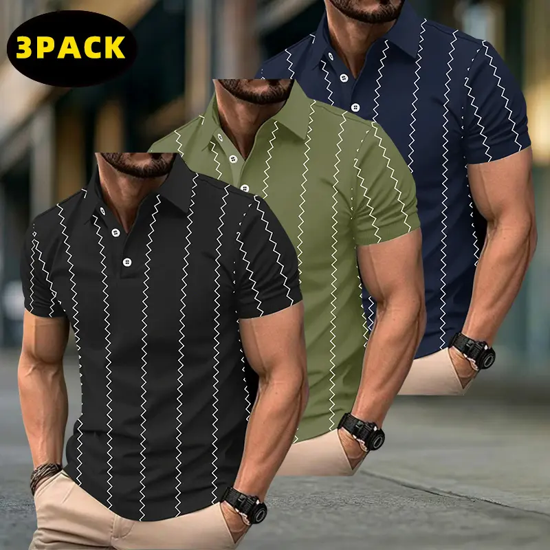 Men’s 3-Pack Wave Print Polo Shirts – Summer Slim-Fit Short-Sleeve T-Shirts, Business Casual Golf Tops, Versatile for Work/Outdoor/Everyday Wear vintage clothes, Jeans, Sports