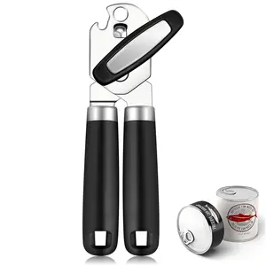 Can Opener, Heavy Duty Stainless Steel Can Opener with Smooth Edge, Rubber Grip Handle & Easy Turn Knob, Multifunctional Kitchen Gadget for Seniors, Sharp Cutting Blade, Ideal for Kitchen, Outdoor Camp, Black