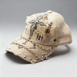 Mesh Baseball Hat with Adornments and Hand Painted Cruz Design Featuring Unique Handcrafted Artwork and Chain Accents