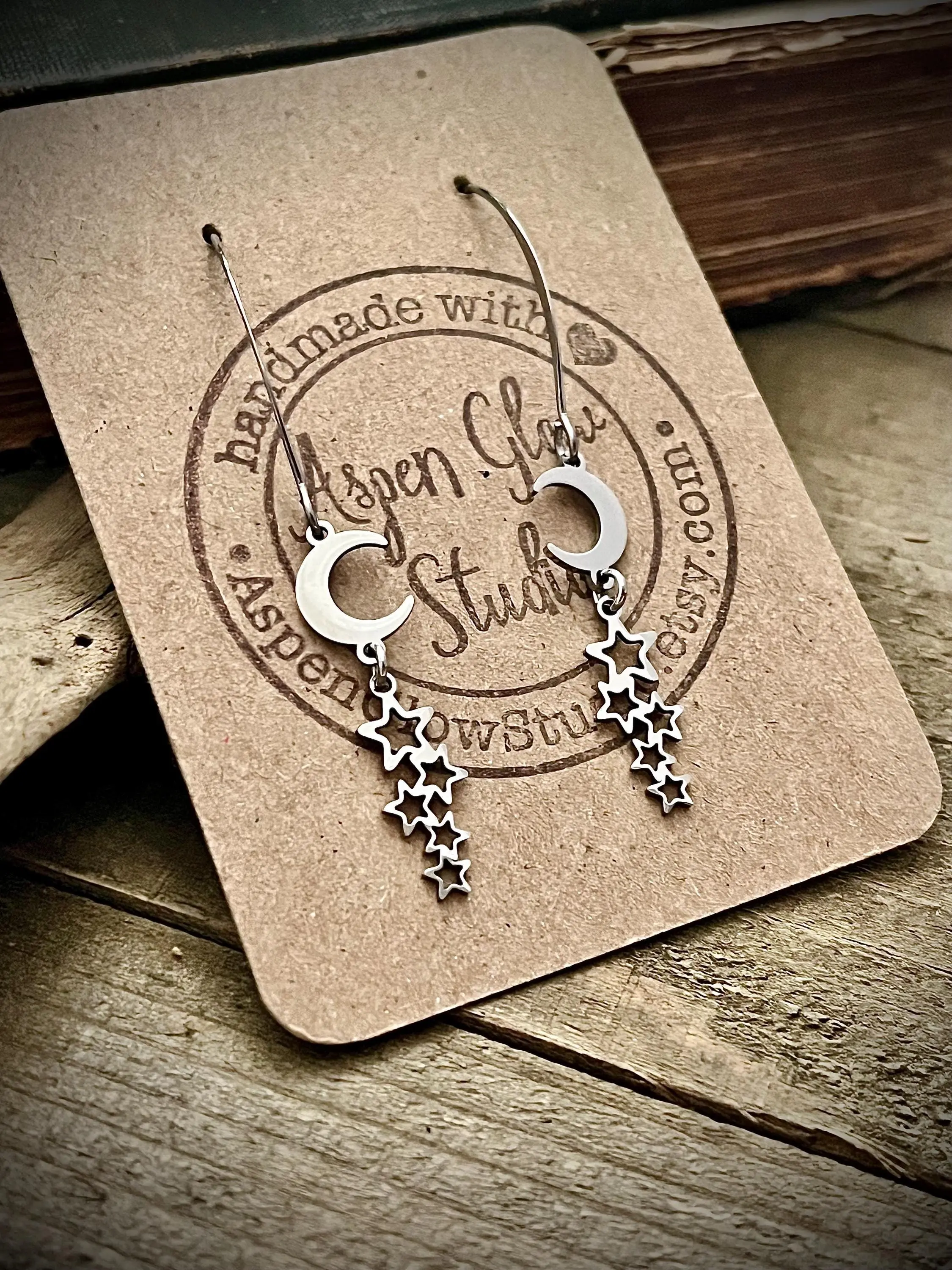 Silver Stainless Steel Crescent Moon Falling Star Earrings