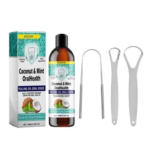 100ML Coconut Oil Mint Mouthwash with 3 Tongue Scrapers, Teeth Cleaning, Unisex Oral Care Products, Daily Oral Hygiene Essentials