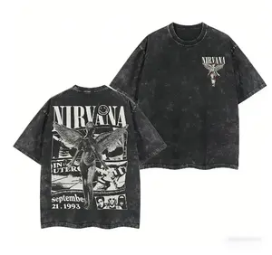 Retro Limited Nirvana Band Tour Black 2-Sided Vintage Tee Graphic Unisex Oversize Rock Band Washed Heavyweight Cotton T-shirt Gift For Rock Music Lovers Vintage Band Shirts Casual Fabric Fit Top Womenswear Streetwear