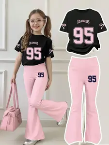 Girls' 4-12 Years Old American Style 95 Number Bow Short Sleeve Set, Casual Slim Fit, Breathable Fabric, Perfect for All Seasons, Tee Pants Set, Summer Clothes Set