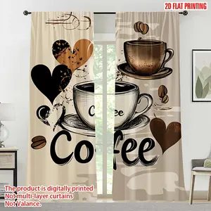 2pcs Coffee-Themed Curtains - Semi-Sheer Window Drapes with Coffee Cup, Modern Home Decor, Kitchen Window Dressing, Artistic Print Design, Semitransparent Material, Durable Fabric, Decorative Panels, Cafe Owners, Home Decoration Curtain