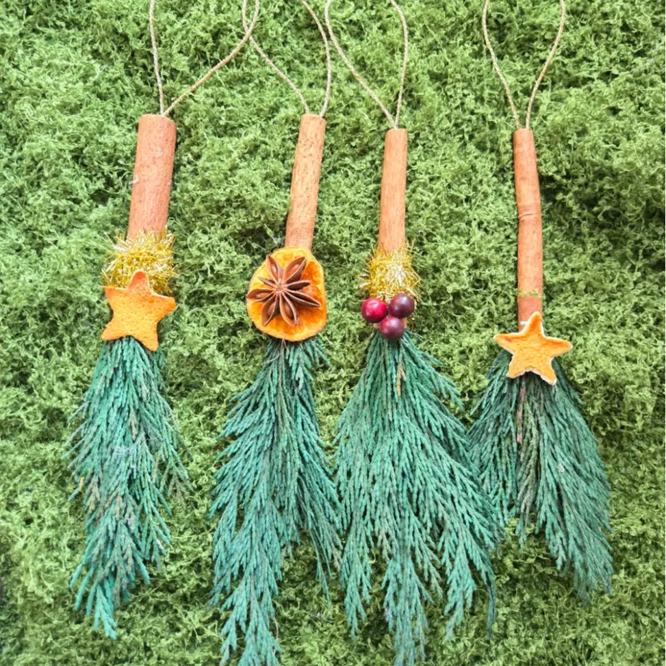 Handcrafted Cinnamon and Cedar Broom Ornament Set - 2 Brooms, Dried Fruit Accents, Tree Decoration, Plants-Infused Holiday Decor, Festive Home Gift, Home Supplies