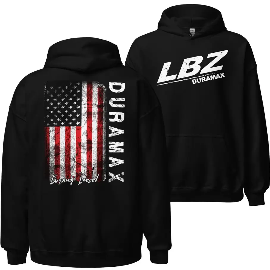 LBZ Duramax Hoodie, Diesel Trucker Pullover with American Flag Back Design, Patriotic Truck Enthusiast Gift for Him, Warm Black Hoodie