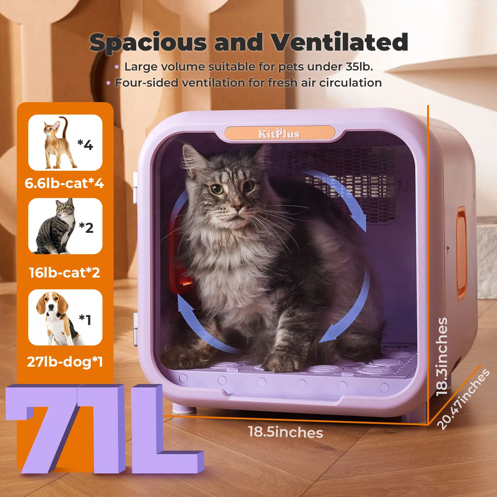 KitPlus-Automatic Pet Dryer Box-71L with Smart Lock, Temperature Control, 360° Fast Drying Blower for Dog Hair Grooming, Large Volume, Ultra Quiet