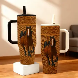 1pc 40oz Vintage Horse Pattern Insulated Cup, Thermal Flask, Handheld Straw Lid, Traveler Tumbler, Western Leather Style, Tiktok Trend, Keeps Warm 12h/cold 24h, Gift for Girls, Vacuum Flask Tumbler