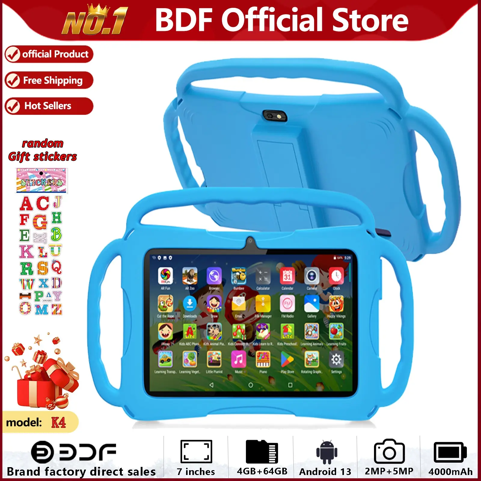 Kids Tablet, Android Tablets, 7 Inch Android 13, 4GB RAM 64GB ROM, 1280x800 Display, Parental Control, 4000mah, Dual Camera, Shockproof Case, Games, Blue/