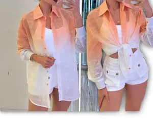 Linda Camina Bicolor Blouses Women's Long Sleeve Minimalist Oversize with Letter Details & Stones Semi-Transparent Tela Delgada