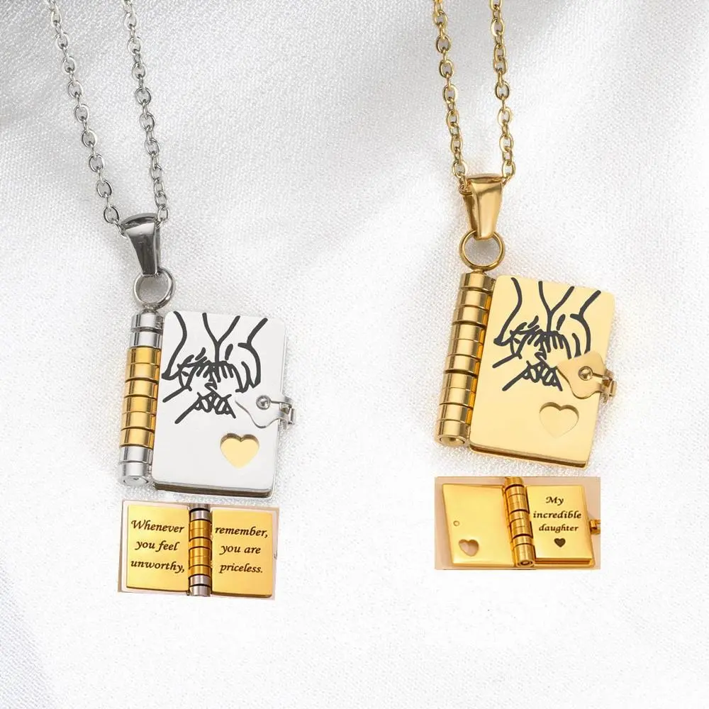 Openable Heart Locket Book-Shaped Charm Necklace - Stainless Steel Long Daily Choker, Ideal Graduation & Birthday Gift for Kids, Matching Couple Fashion Costume Jewelry Accessory, Heart Locket Necklaces, Matching Couple Necklaces