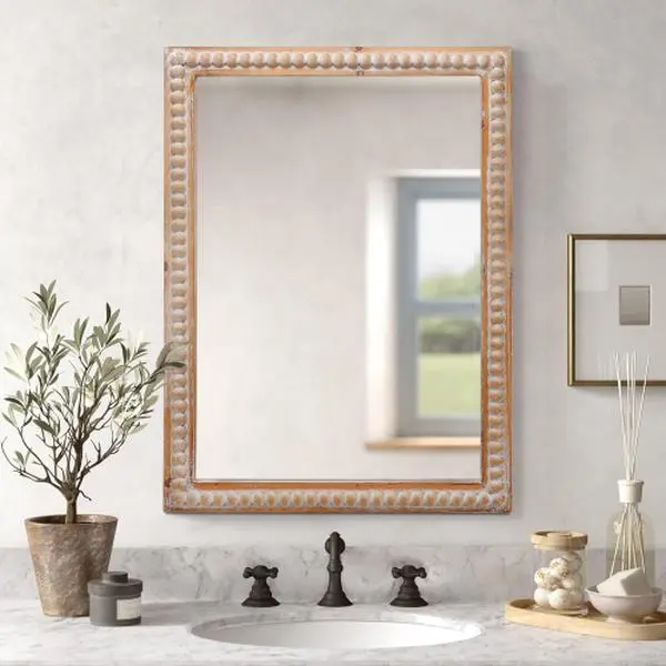 22x30 Inch Farmhouse Bathroom Mirror – Wooden Frame Wall Mirror with Beading, Horizontal or Vertical Mount – Rustic Vanity Mirror for Bathroom, Bedroom & Home Decor