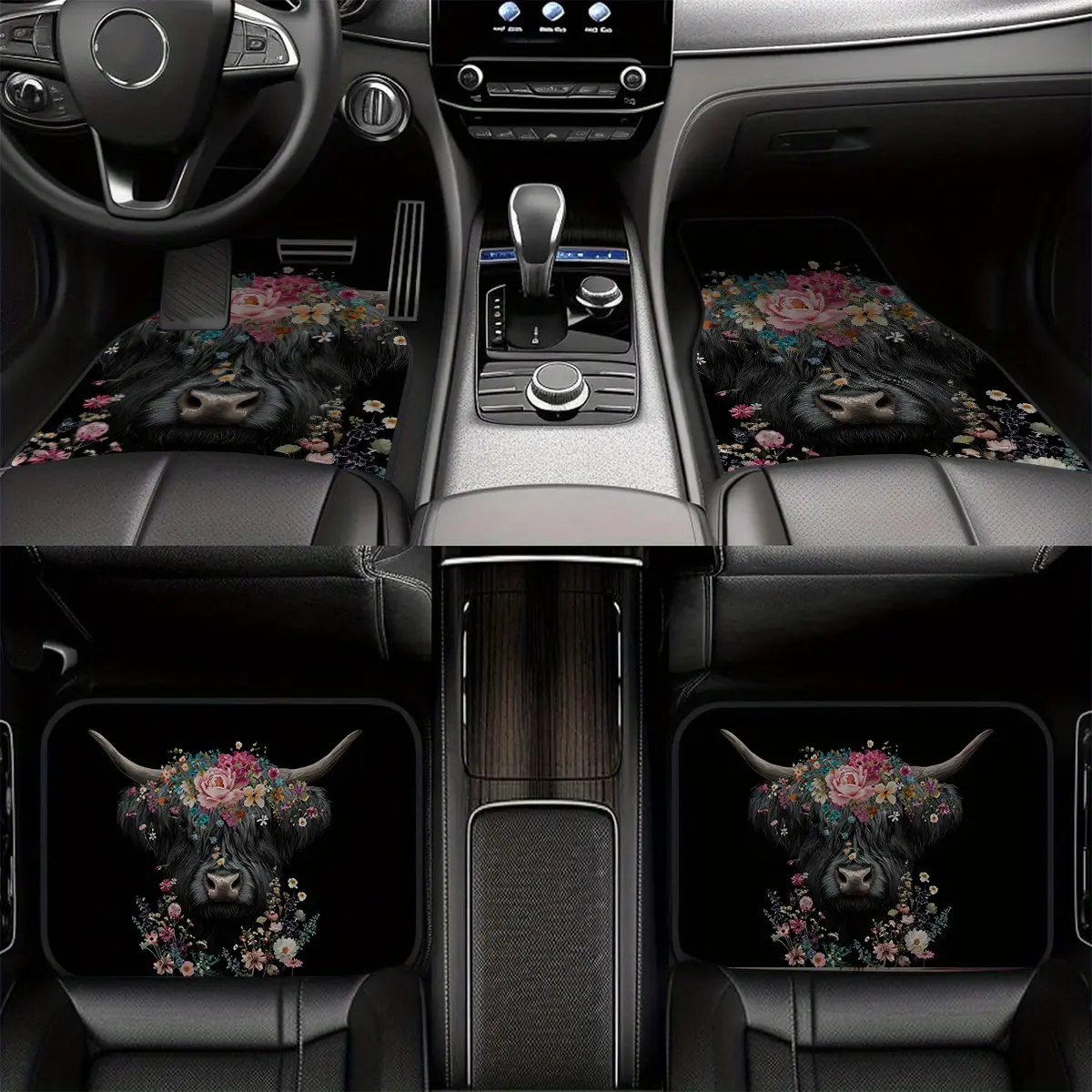 4-Piece non-slip polyester car floor mat - car mats set, Automotive Floor Mats, Highland cow floral design, suitable for cars and SUVs, durable all-weather, bright colors on a black background, interior decoration accessories