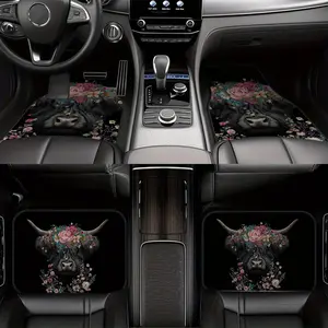 4-Piece non-slip polyester car floor mat - Highland cow floral design, suitable for cars and SUVs, durable all-weather, bright colors on a black background, interior decoration accessories