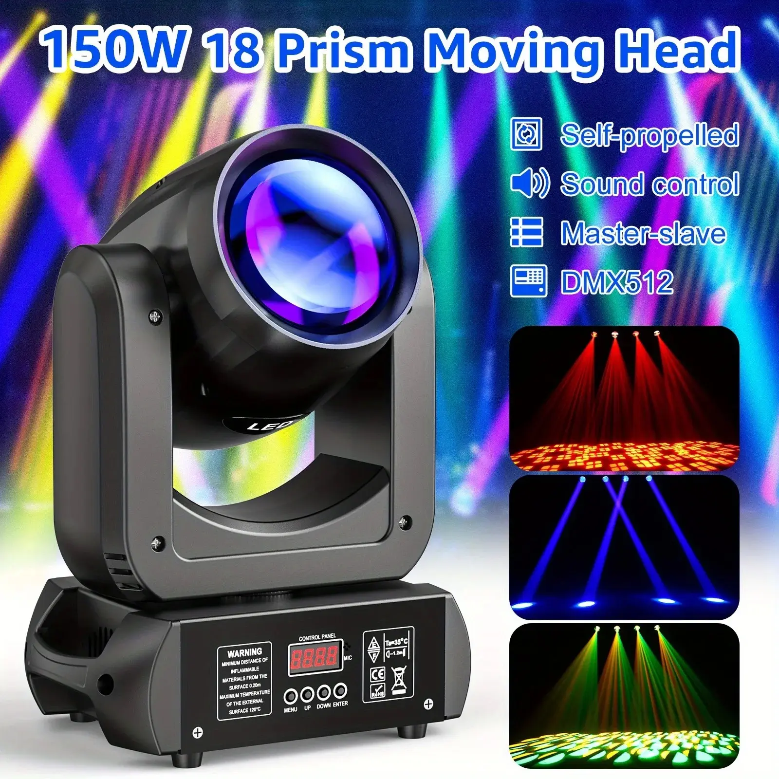 TechLight 150W 18-Prism Moving Head RGBW Beam Light, 8x8 Pattern, 12-Channel, DMX512 Control, Sound-Activated Strobe Light for Weddings, Bars, Commercial Events, Strobe Lights