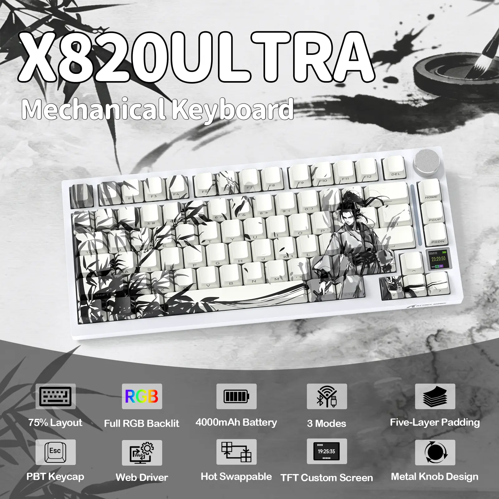 ATTACK SHARK X820 Ultra 75% Wireless Creamy Gaming Mechanical Keyboard Hot-Swappable Gasket Mount RGB Backlit BT/2.4G/Wired Custom Full Size Keyboard with Smart TFT Display&Knob QMK Driver-Ink Bamboo&Gift Switch