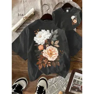 Plus Size Women's Vintage Flower Graphic Tee, Street Style Short Sleeve Floral T-Shirt