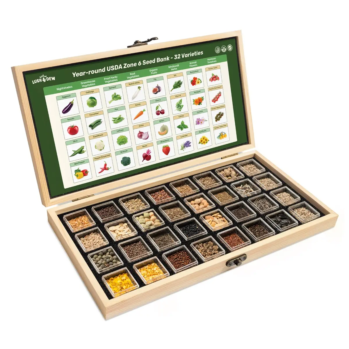 LUSH&DEW Year-Round USDA Zone 6 Seed Bank - 32 Organic Garden Plant Seed Varieties with Vegetables Herbs Flowers All Seasons Storage Box Included
