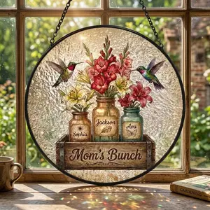 Personalized Mom Garden Suncatcher Birth Flower Family Window Hanging Custom Floral Stained Glass Decor Mother's Day Gift for Grandma Spirit Era Art