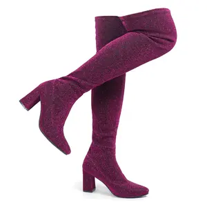 Hawkwell Women's Comfort Chunky Thigh High Boots Pointy Toe High Heel Shiny Dressy Over The Knee Streetwear Boots in Purple Glitter