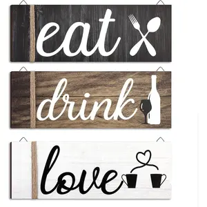 3PCS Farmhouse Kitchen Wall Decor, Eat Sign Rustic Wooden Kitchen Sign Wood Home Sign Eat Drink Love Sign with Hanging Hole for Home Kitchen Dining Living Room Bar Cafe Decor, Home Decoration (Classic Color) Door Frame