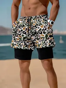 Men's Camo Print Camouflage Double Layer Waist Shorts, Regular Fit Casual Comfy Breathable Shorts for Summer, Men's Bottoms for Daily Wear