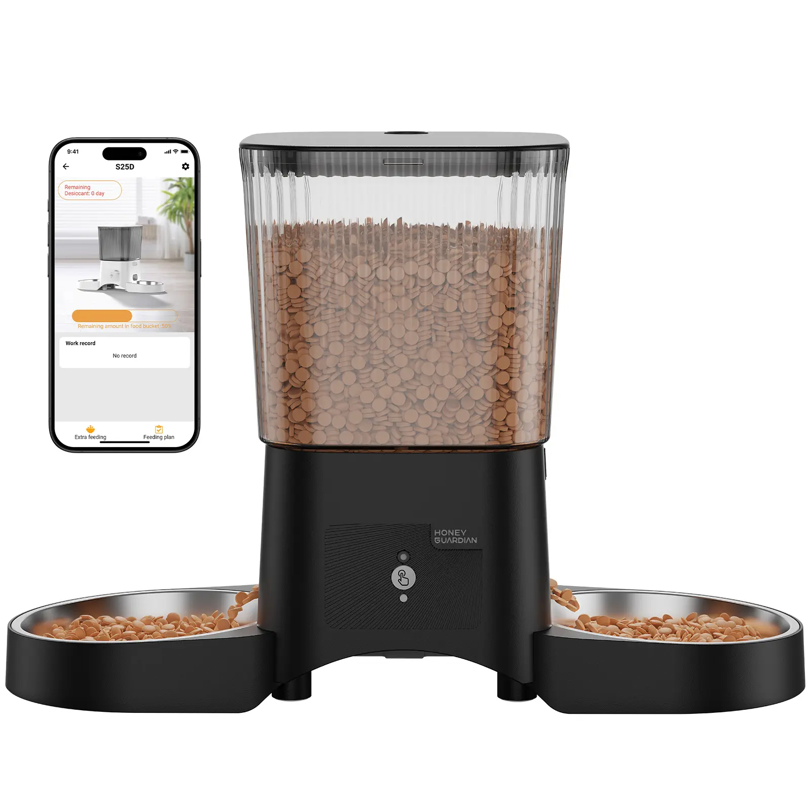 HoneyGuardian Automatic Cat Feeder with 5G WiFi,3.5L Automatic Cat Food Dispenser for 2 Cats, APP Control Dispenser, Dual Power Supply,Desiccant Bag,10s Meal Call Black