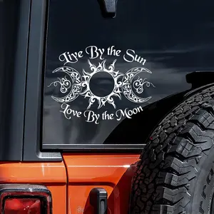 1PC Street Trendy Mystic Vintage Sun-Moon Logo Sticker Stick it on off-road vehicle windows or mystic style backpacks. This white sun & double moons + vintage script slogan decor instantly has a romantic cool vibe.