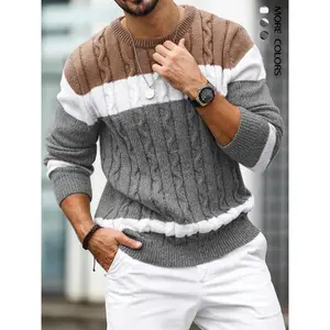 Men’s color-block round-neck knit sweater, autumn–winter casual long-sleeve crewneck sweater, fashionable men’s knit top