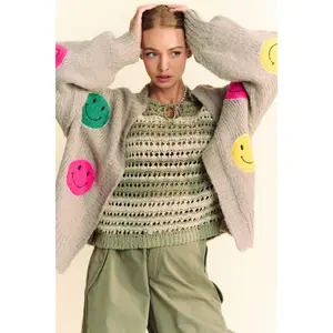 Davi & Dani Fuzzy Smile Open Front Long Sleeve Cardigan