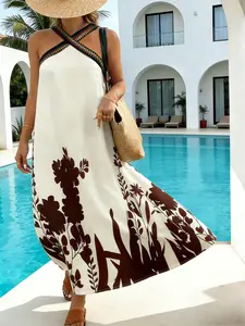 Spring Summer French Vintage Plant Print Halter Dress, Womenswear Ethnic Strap Design, Elegant Long Casual Wear Bohemian Boho Style, Beach Vacation Mood