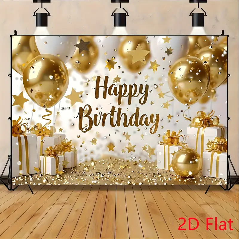 Luxury Gold & White Birthday Backdrop - Premium 100% Polyester Soft & Fade-Resistant Photography Banner with Balloons, Stars, Confetti & Gift Boxes - Perfect for Garage Door Decor, Home Celebrations & Photo Booths