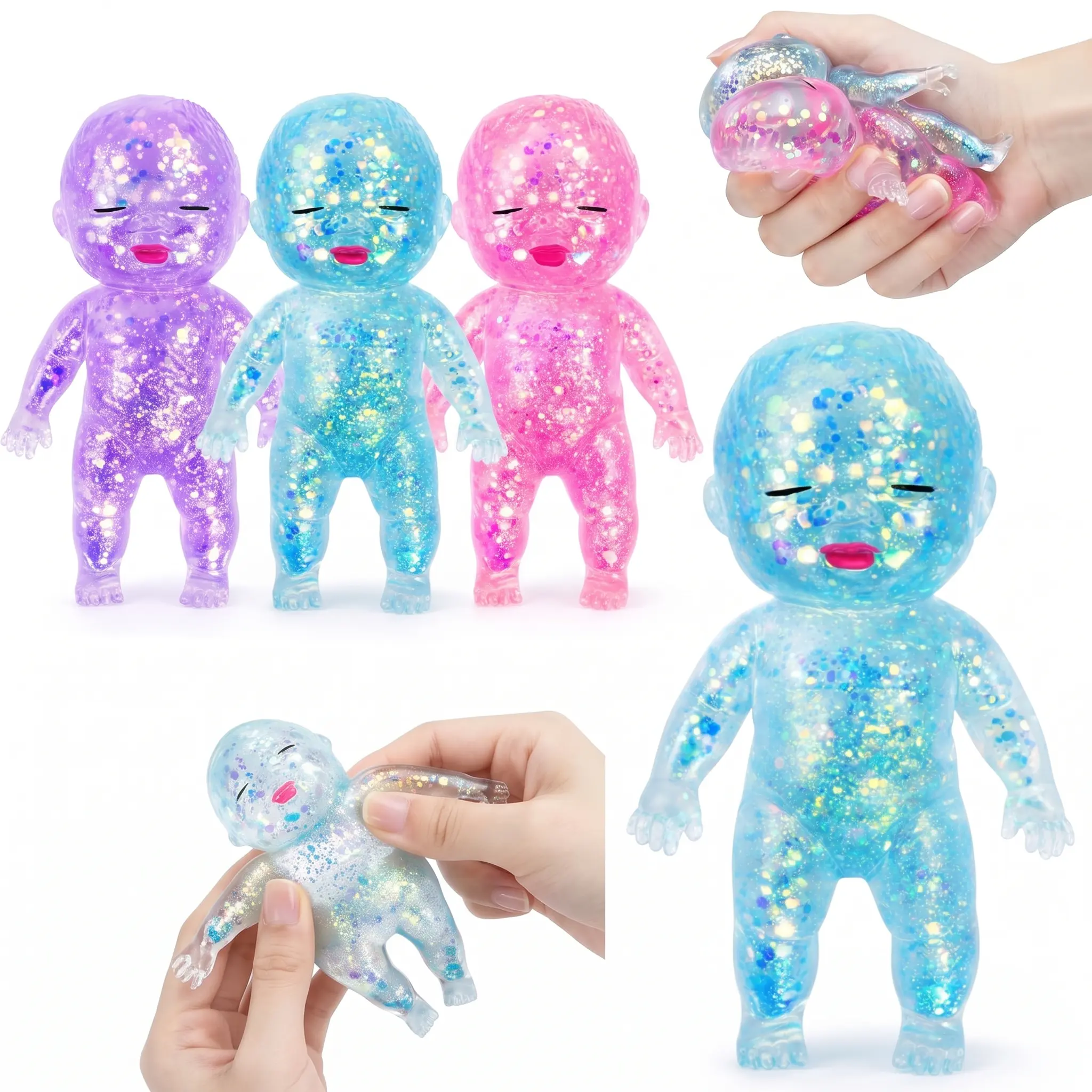 Glitter Doll Squishy Fidget Toy, 4.3 Inch Sparkly Clear Sensory Squeeze Toy, Soft Stretchy Decompression Figurine, Anxiety Stress Relief Toy for Teens Adults, Novelty Desk Decor, Ideal Birthday Gift, Party Favor, Classroom Reward