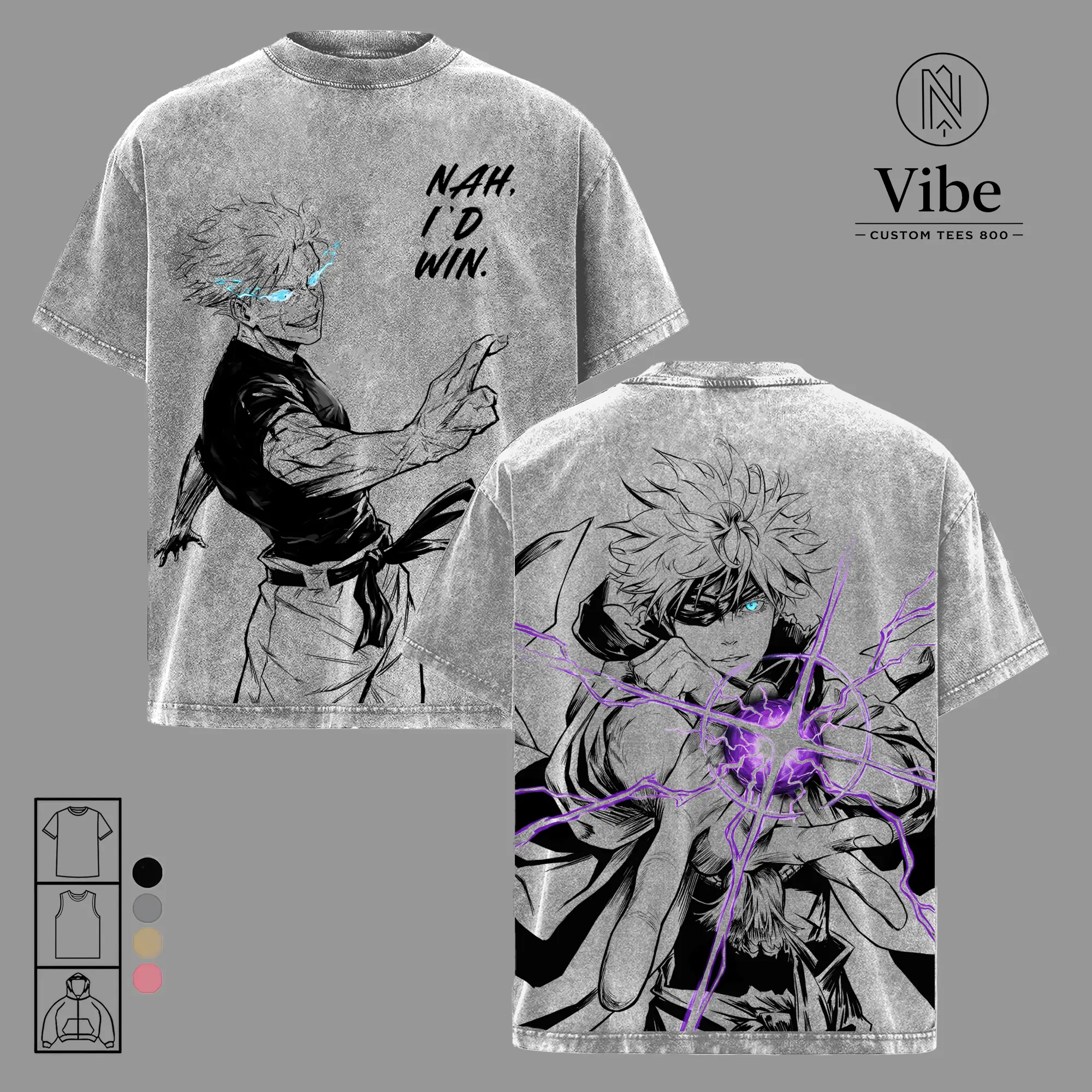 Gojo Satoru Limitless Technique Vintage Washed T-Shirt, Tank Top & Hoodie  Nah I’d Win Iconic Quote Anime Tee, Purple Infinity Energy Graphic Shirt, Oversize Streetwear Anime Tee, Jujutsu Sorcerer Power Aesthetic Design