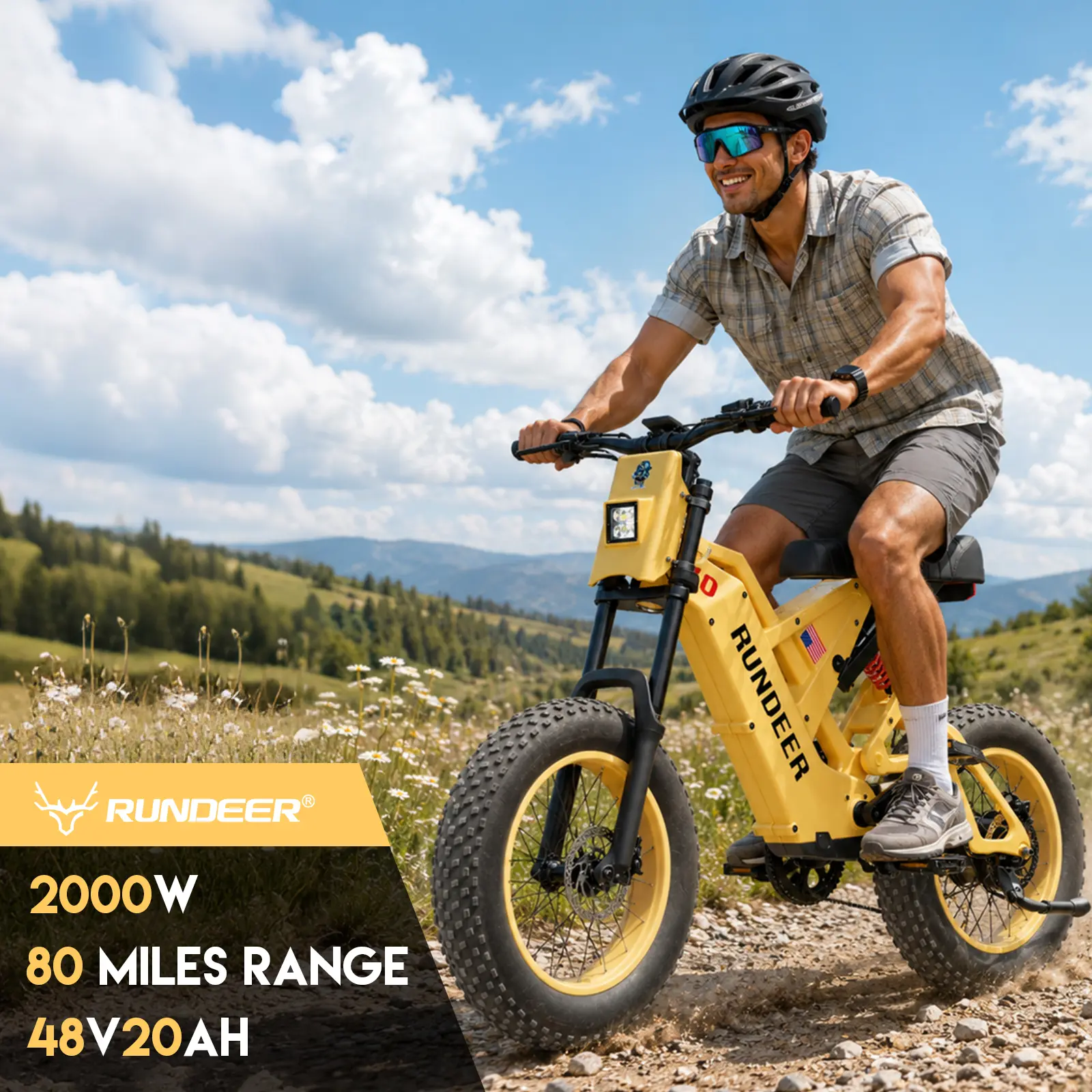 RUNDEER Attack 10 Unisex Adult Full Suspension MTB Electric Bike - 2000W Peak Power, 48V 20Ah Battery (48.0W & Above), 20-Inch All-Terrain Fat Tires, Adjustable Long Seat, Hydraulic Disc Brakes, Color Display, 80 mi Top Range for Mountain Biking, 1500 To